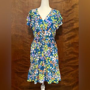 Maggy London Ruffle Sleeve Belted Fit & Flare Dress Womens 10 Blue Floral Lined
